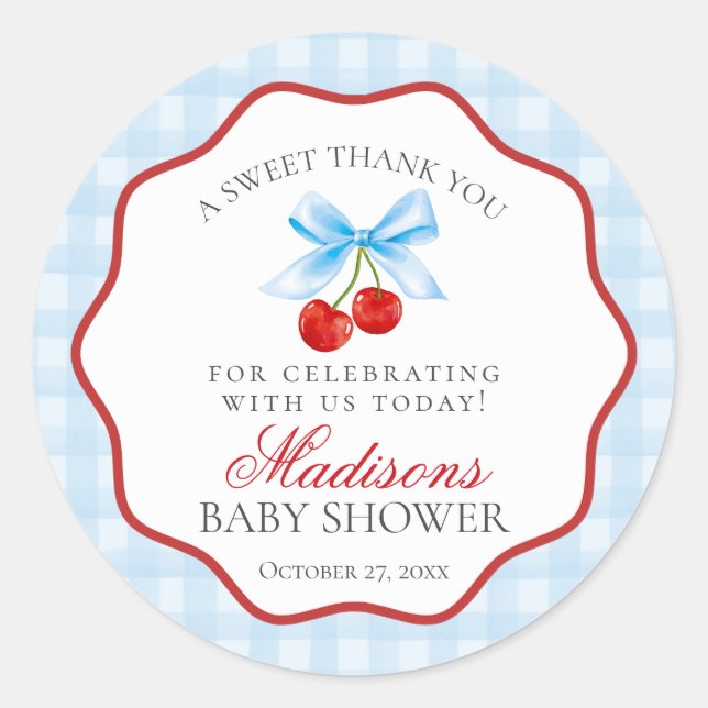 Cherry Sweet Blue Coquette Bow Baby Shower Circle Classic Round Sticker (Front)