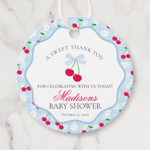 Cherry Sweet Blue Coquette Bow Baby Shower Circle Favour Tags