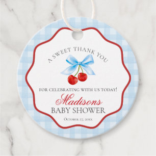 Cherry Sweet Blue Coquette Bow Baby Shower Circle Favour Tags