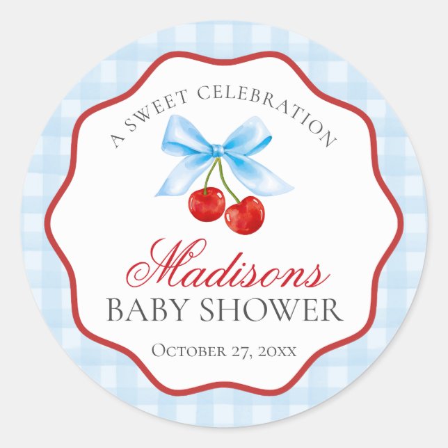 Cherry Sweet Blue Coquette Bow Baby Shower Seal (Front)