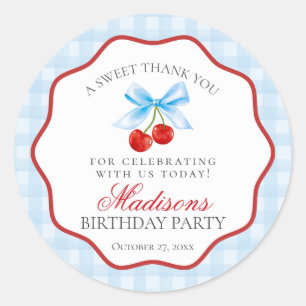 Cherry Sweet Blue Coquette Bow Birthday Circle Classic Round Sticker