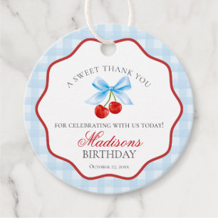 Cherry Sweet Blue Coquette Bow Birthday Circle Favour Tags