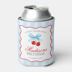 Cherry Sweet Blue Coquette Bow Birthday Favour Can Cooler