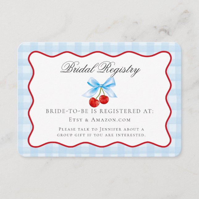Cherry Sweet Blue Coquette Bow Bridal Registry Enclosure Card (Front)