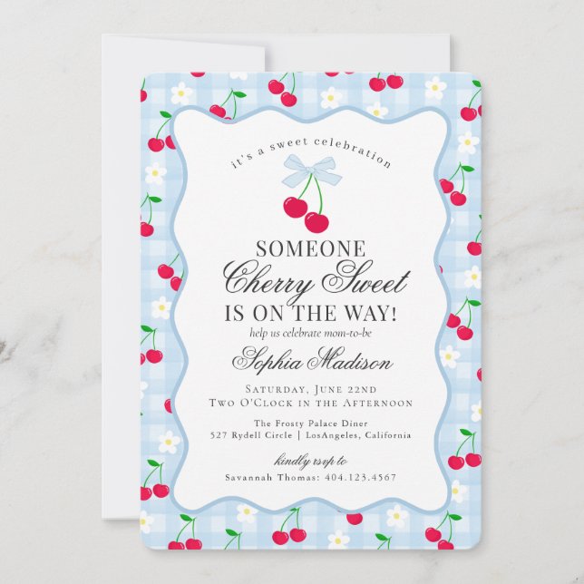 Cherry Sweet Blue Coquette Bow Gingham Baby Shower Invitation (Front)