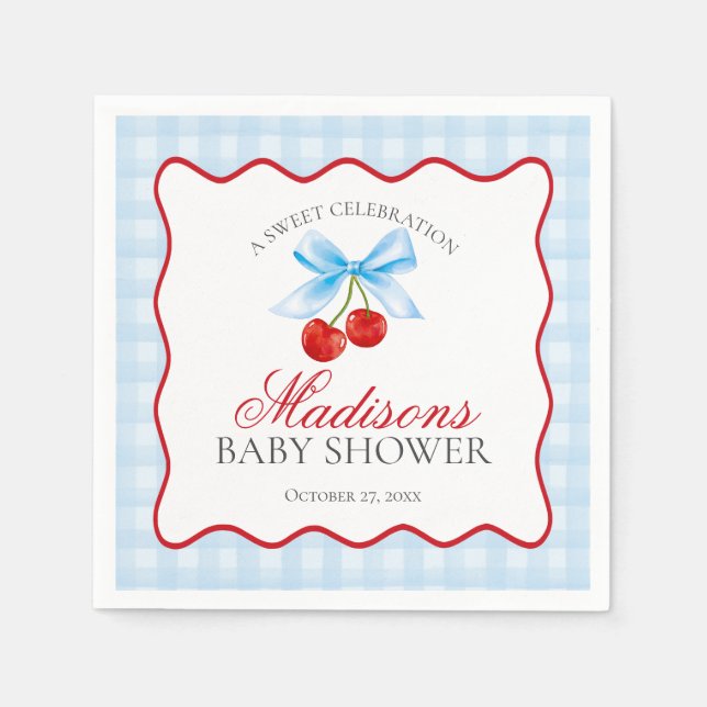 Cherry Sweet Blue Coquette Bow Gingham Baby Shower Napkin (Front)