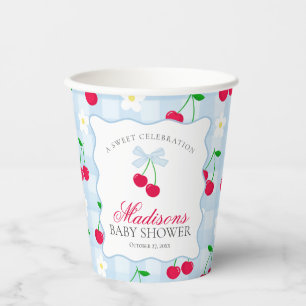 Cherry Sweet Blue Coquette Bow Gingham Baby Shower Paper Cups
