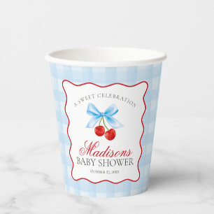 Cherry Sweet Blue Coquette Bow Gingham Baby Shower Paper Cups