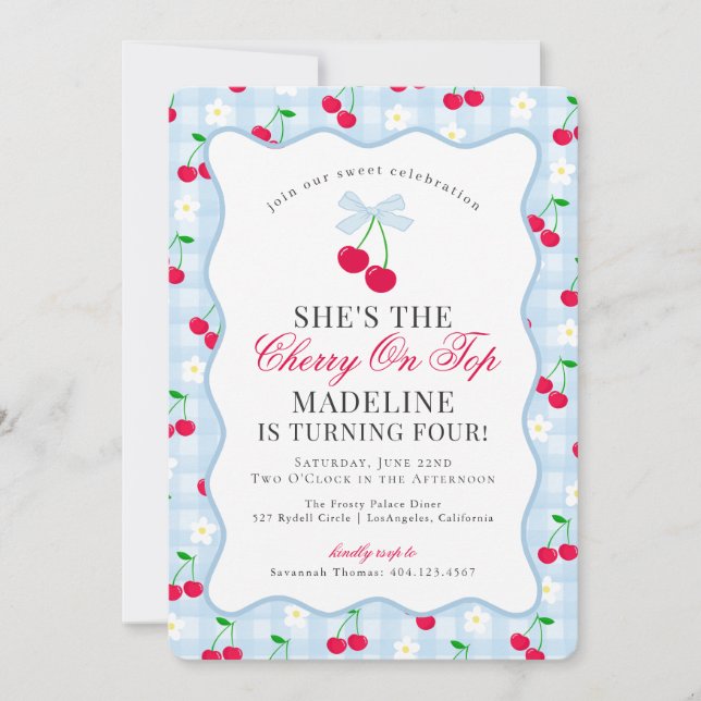 Cherry Sweet Blue Coquette Bow Gingham Birthday Invitation (Front)