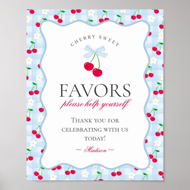 Cherry Sweet Blue Coquette Bow Gingham Favours Sig Poster (Front)