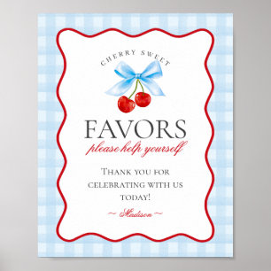 Cherry Sweet Blue Coquette Bow Gingham Favours Sig Poster