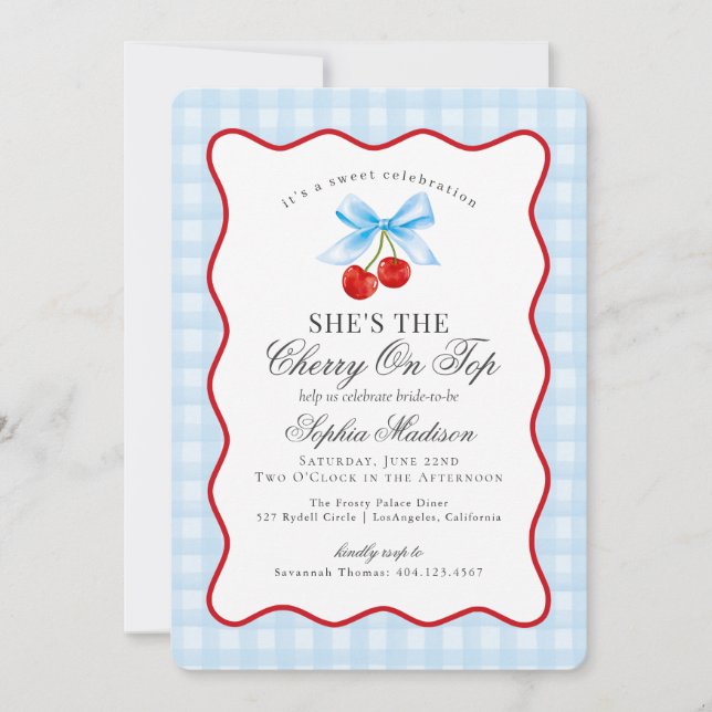 Cherry Sweet Blue Coquette Gingham Bridal Shower Invitation (Front)