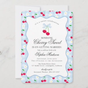 Cherry Sweet Blue Coquette Gingham Bridal Shower Invitation