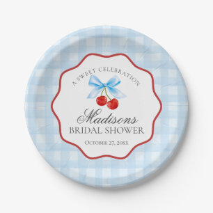 Cherry Sweet Blue Coquette Gingham Bridal Shower Paper Plate