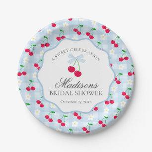 Cherry Sweet Blue Coquette Gingham Bridal Shower Paper Plate