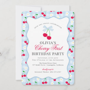 Cherry Sweet Blue Coquette Gingham First Birthday Invitation