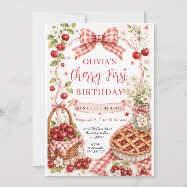 Cherry Sweet First Birthday Invitation (Front)