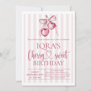 Cherry Sweet Pink Bow Girl 1st Birthday Invitation