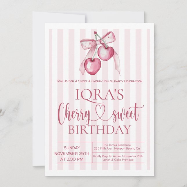 Cherry Sweet Pink Bow Girl 1st Birthday Invitation (Front)