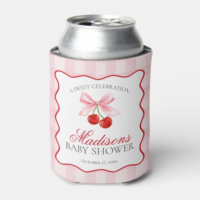 Cherry Sweet Pink Coquette Bow Baby Shower Favour Can Cooler (Can Front)