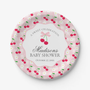 Cherry Sweet Pink Coquette Bow Gingham Baby Shower Paper Plate