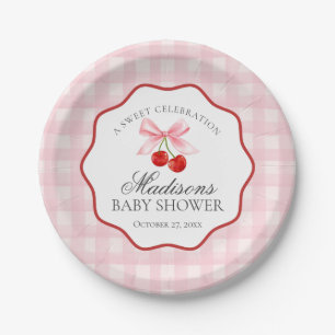 Cherry Sweet Pink Coquette Bow Gingham Baby Shower Paper Plate