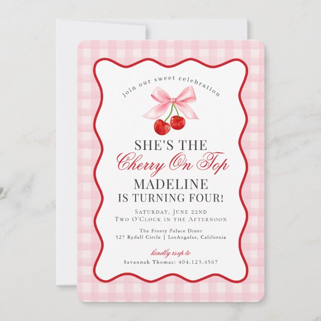 Cherry Sweet Pink Coquette Bow Gingham Birthday Invitation (Front)