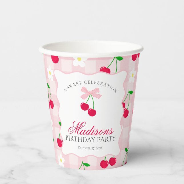 Cherry Sweet Pink Coquette Bow Gingham Birthday Paper Cups (Front)