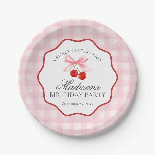 Cherry Sweet Pink Coquette Bow Gingham Birthday Paper Plate (Front)