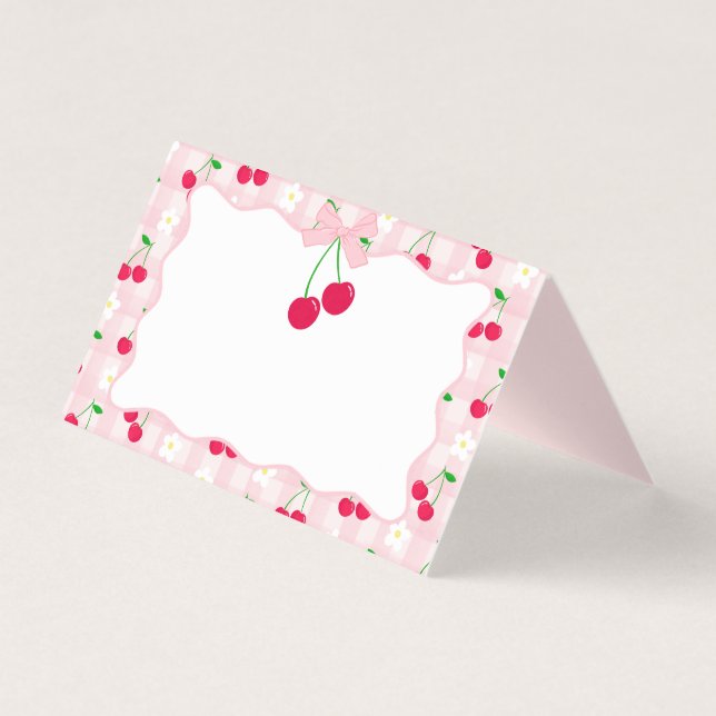 Cherry Sweet Pink Coquette Bow Gingham Place Card (Front)