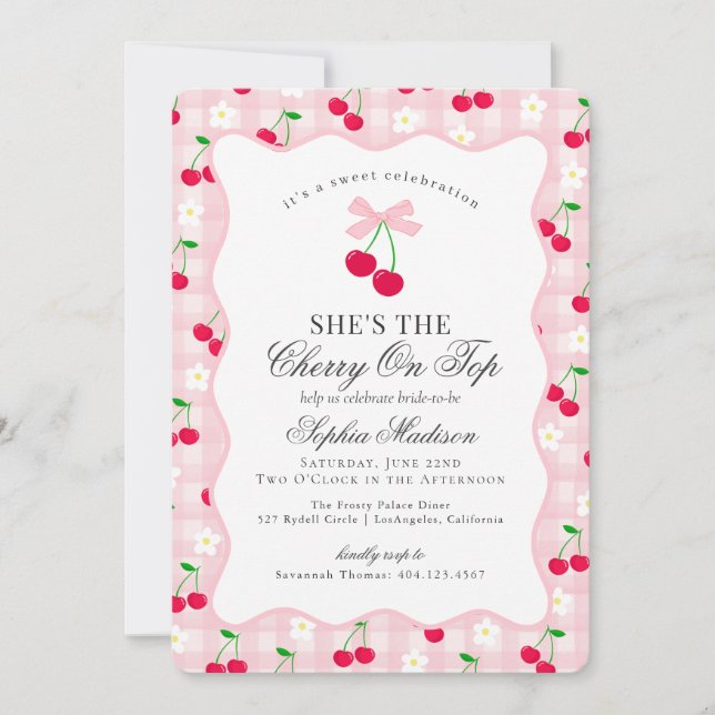 Cherry Sweet Pink Coquette Gingham Bridal Shower Invitation (Front)