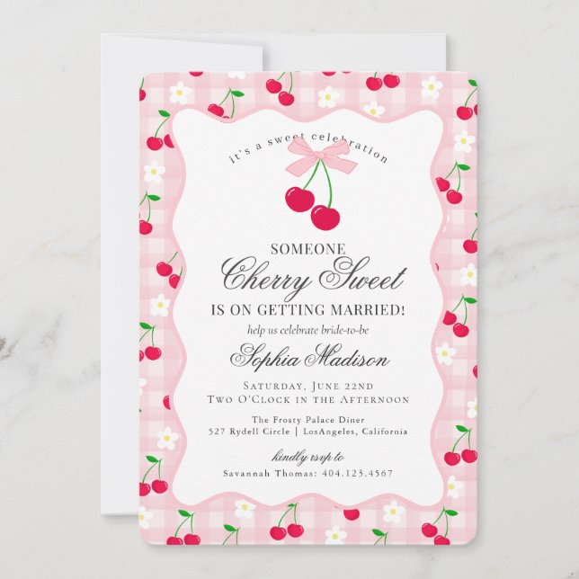 Cherry Sweet Pink Coquette Gingham Bridal Shower Invitation (Front)