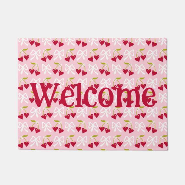 Cherry Sweet Preppy Pink and Red Teen Kids Girl Doormat (Front)
