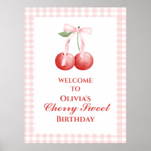 Cherry Sweet Strawberry Pink Bow birthday Poster