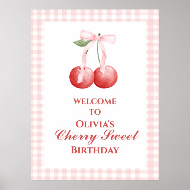 Cherry Sweet Strawberry Pink Bow birthday Poster (Front)