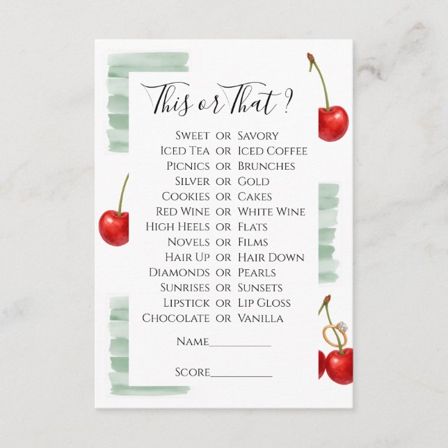 Cherry -This or That Bridal Shower Game Advice Card (Front)