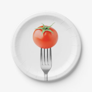 Cherry tomato on a fork paper plate