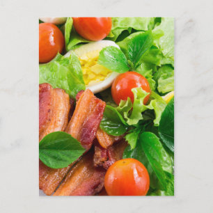 Cherry tomatoes, herbs, olive oil, eggs and bacon postcard