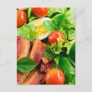 Cherry tomatoes, herbs, olive oil, eggs and bacon postcard