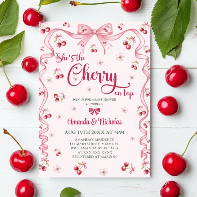 Cherry Top Pink Bow Girl Baby Shower  Invitation (Creator Uploaded)