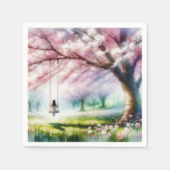 Cherry Tree With Girl On a Swing Napkin (Front)