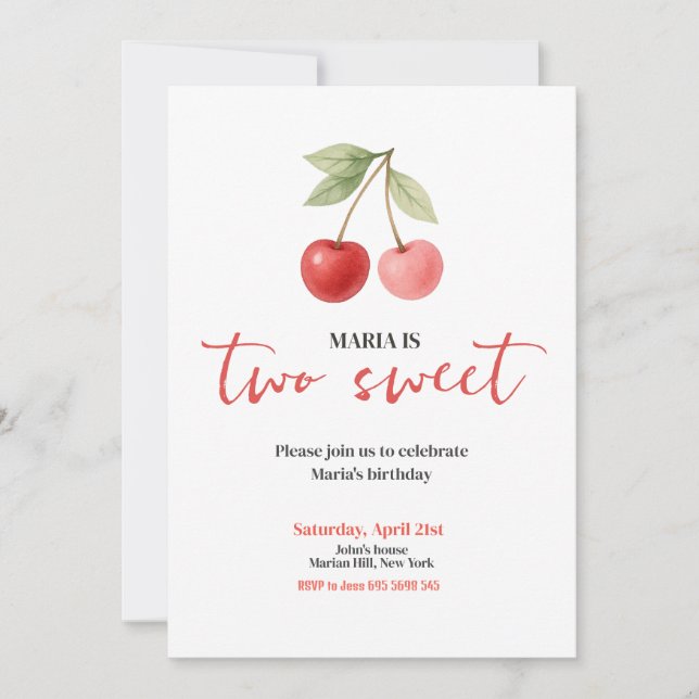 Cherry Two Sweet Watercolor Girl Birthday Party Invitation (Front)