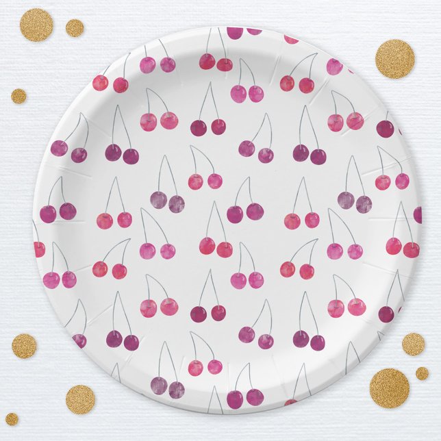 Cherry Watercolor Paper Plate (Watercolor cherries pattern party paper plate)