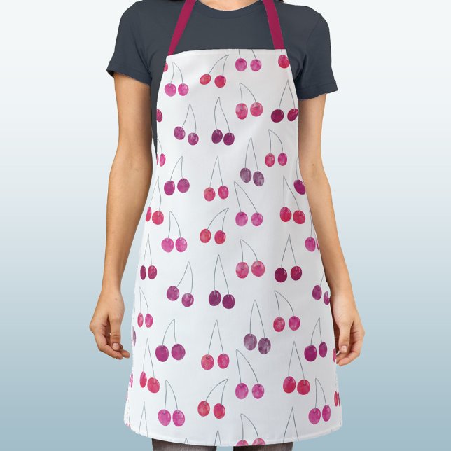 Cherry Watercolor Pattern Pink Apron (Pretty watercolor cherry pink and white pattern art apron)