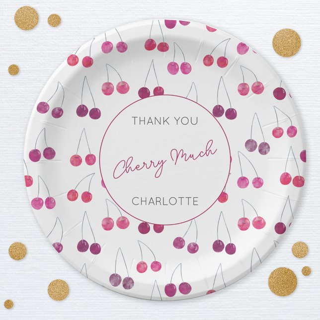 Cherry Watercolor Personalised Paper Plate (Thank You Cherry Much personalized cherries design party paper plates)