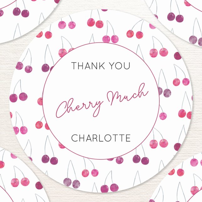 Cherry Watercolor Personalised Thank You Classic Round Sticker (Personalized custom text thank you cherry much watercolor cherries pattern sticker)