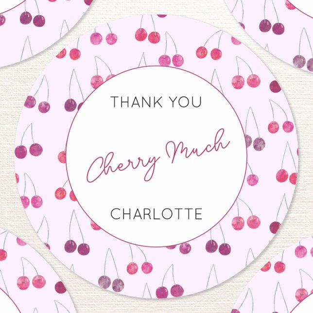 Cherry Watercolor Personalised Thank You Classic Round Sticker (Thank You Cherry Much personalized cherries watercolor stickers)