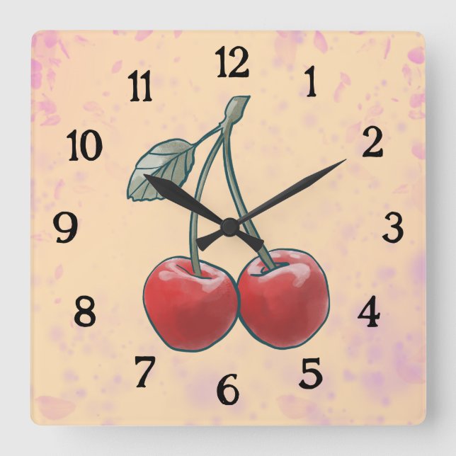 Cherry Watercolor pink Fruit  Square Wall Clock (Front)