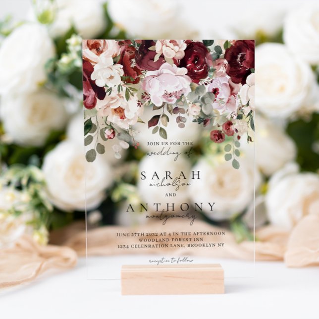 Cherry Wine & Blush Moody Floral Wedding Acrylic Invitations (Creator Uploaded)