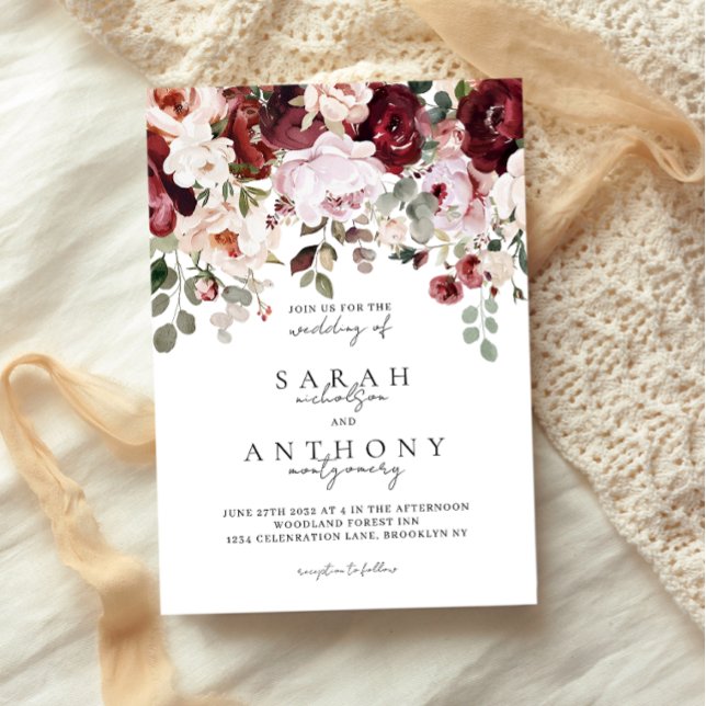 Cherry Wine & Blush Moody Floral Wedding Invitation (Creator Uploaded)